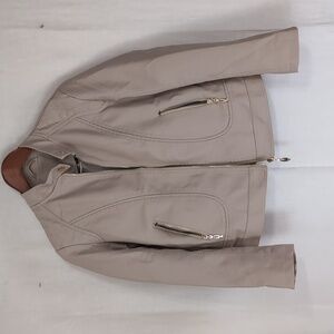 Taupe Beige Faux Leather Zip Jacket Quilted Details Full Zip Size Small